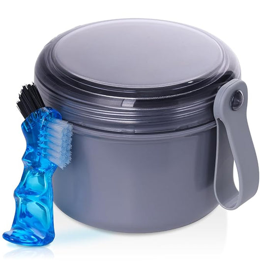 Denture Case, Leak Proof Denture Bath Cup for Travel, Denture Container Cups for Soaking Full & Partial Dentures, Retainers, Denture Cleaning Kit Holder Box with Denture Cleaner Brush-Grey