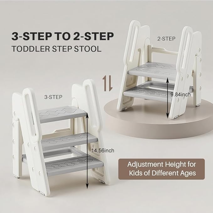 Foldable Toddler Step Stool, Adjustable 2-3 Step Kids Step Stools for Bathroom Sink, Potty Training Toilet, Child Kitchen Counter Standing Tower, Plastic Ladder Helper Stool for Bedroom