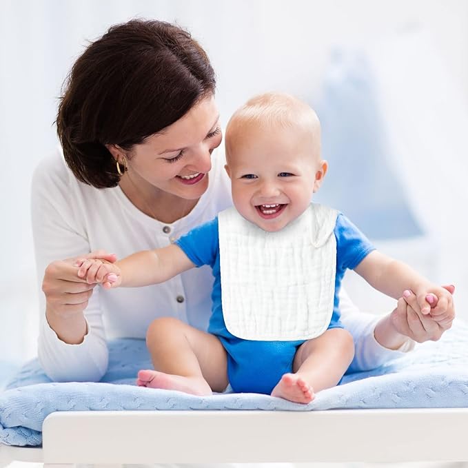 Zainpe 6Pcs Snap Muslin Cotton Baby Bibs White Adjustable Drool Bib with 6 Absorbent Soft Layers, Machine Washable Unisex Burp Cloths for 3 to 36 Months Boys Girls Infant Newborn Toddler