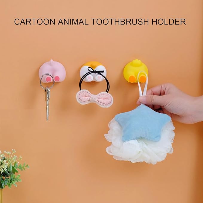 Cute Cartoon Animal Toothbrush Holder Wall Mount Hook Bathroom Kitchen Utility Hanger Toddler Kids Storage Organizer Cable Key Towel Hat Hanging Rack Duck Design