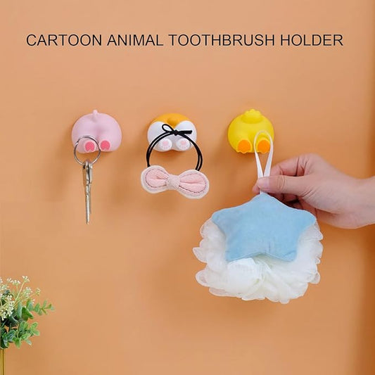 Cute Cartoon Animal Toothbrush Holder Wall Mount Hook Bathroom Kitchen Utility Hanger Toddler Kids Storage Organizer Cable Key Towel Hat Hanging Rack Duck Design
