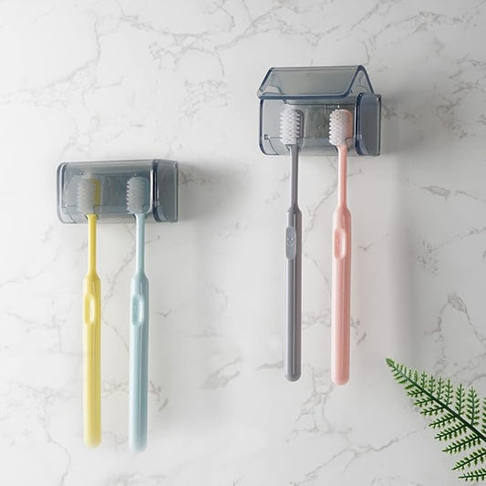 2 PCS Toothbrush Holder Wall Mounted with Cover for Bathroom, 2 Slots Toothbrush Storage Organizer for Shower, Self Adhesive Toothbrush Hanger Rack for Dorm, Cabinet (Grey)