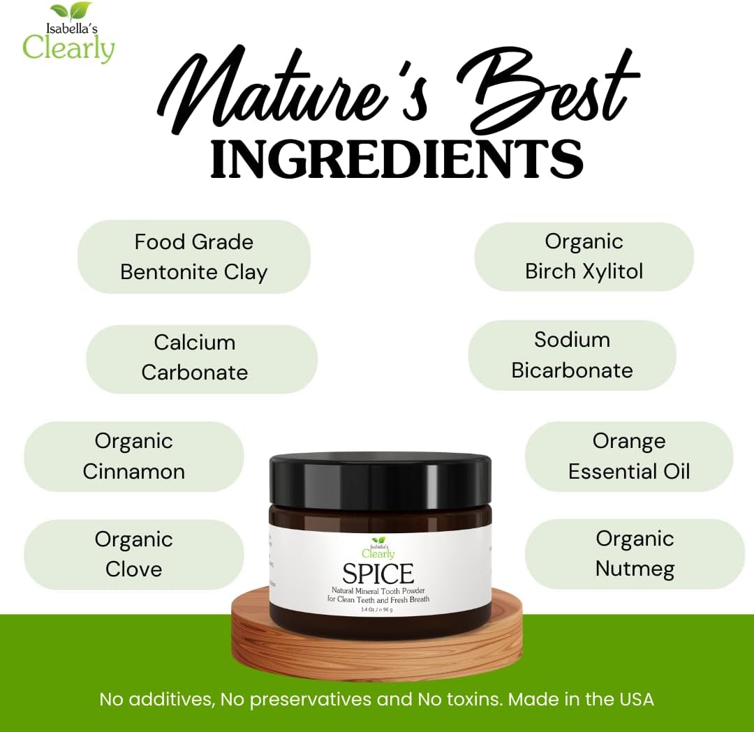 Isabella’s Clearly Spice Remineralizing Tooth Powder | Teeth Whitening Natural Toothpaste Fluoride Free for Adults, Kids, Sensitive Teeth & Gums | Xylitol, Baking Soda, Clay, Calcium, Cinnamon, Clove