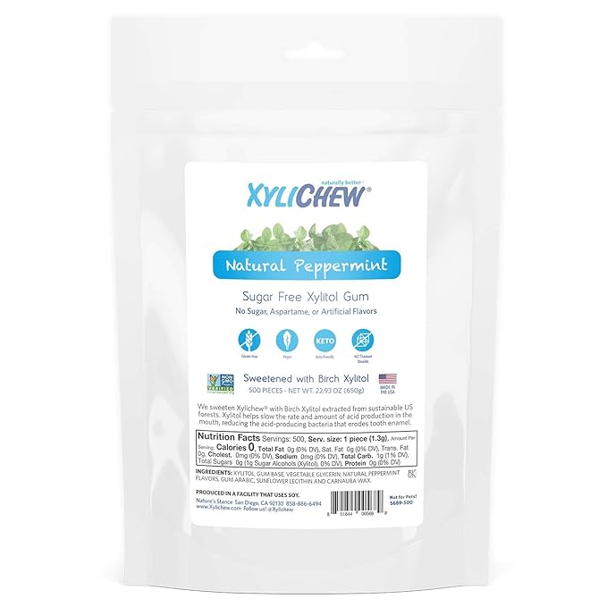Xylichew 100% Xylitol Chewing Gum - Non GMO, Non Aspartame, Gluten Free, and Sugar Free Gum - Natural Oral Care, Relieves Bad Breath and Dry Mouth - Peppermint, 500 Count