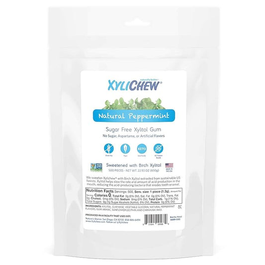 Xylichew 100% Xylitol Chewing Gum - Non GMO, Non Aspartame, Gluten Free, and Sugar Free Gum - Natural Oral Care, Relieves Bad Breath and Dry Mouth - Peppermint, 500 Count