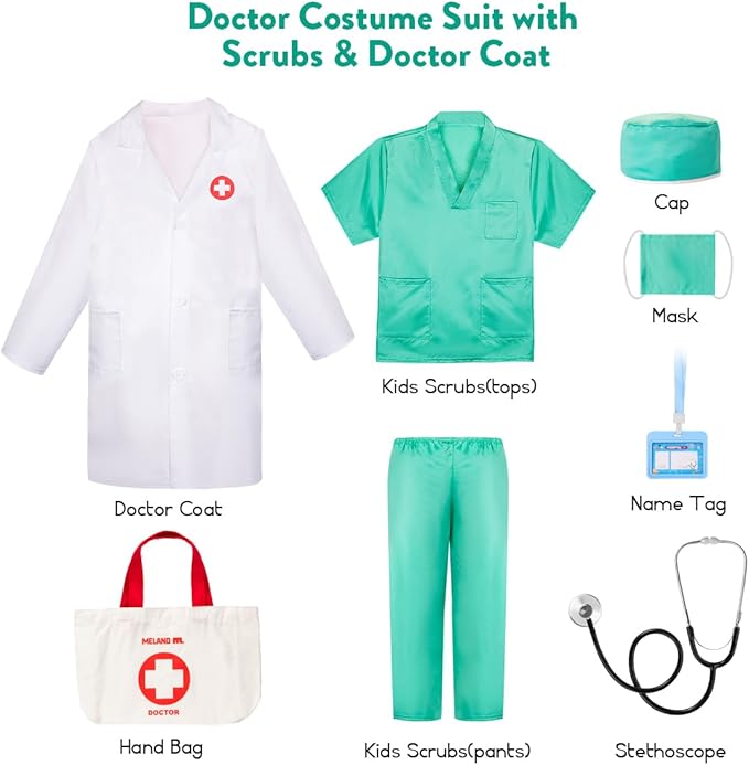 Meland Doctor Costume for Girls - Kids Scrubs with Lab Coat & Carry Bag, Doctor Dress Up for Halloween, Career Day Role Play