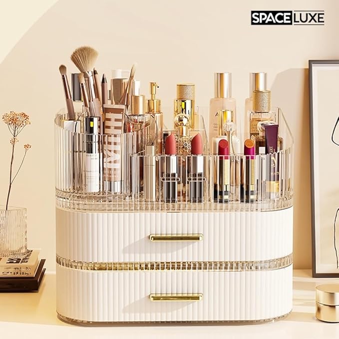 Makeup Organizer with Drawers and 360° Rotating Brush Holder, Large Capacity Cosmetic Storage for Vanity, Skincare, Perfume, Hair Accessories, Lipstick & Jewelry (Cream White, 3-layer)
