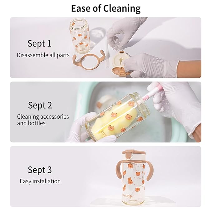 Evorie Tritan Spill Proof Toddler Straw Sippy Cup, 10 oz for Baby and Toddlers 1-3 Years Old, No Spill Straw Water Bottle with Removable Handles, Ideal for School, BPA-Free, Pink Rabbit