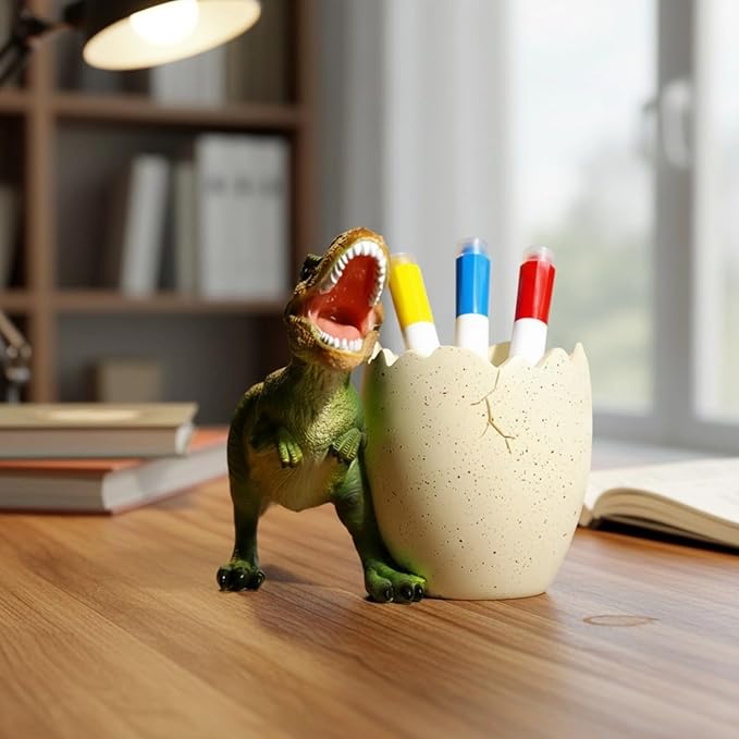 Dinosaur Pen Holder, Unique T-Rex Decor, Multi-Functional Tooth Brush Toothpaste Holder for Youngsters Bathroom, Long-Lasting Resin Desk Organizer, Office Home Accessory, Fun Gift for Youngsters