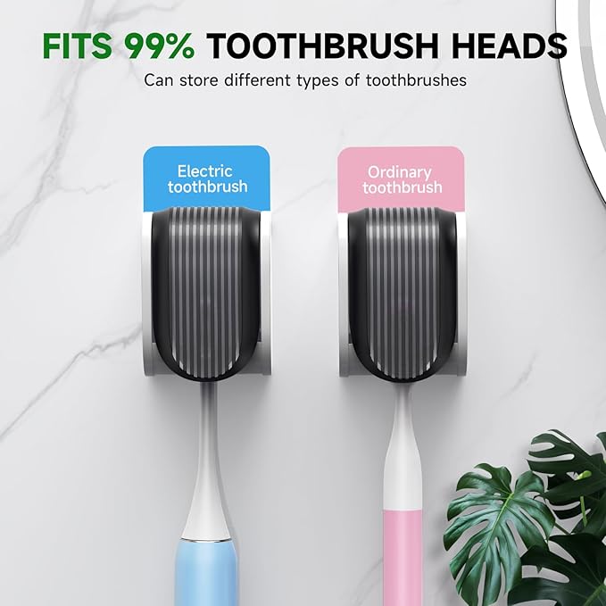 2 Pcs Toothbrush Holders Wall Mounted, Single Slot Design, Shower Self Adhesive Wall Mounted Toothbrush Holder with Cover, Waterproof and Dustproof, Suitable for Bathroom, Family, Travel (Grey)