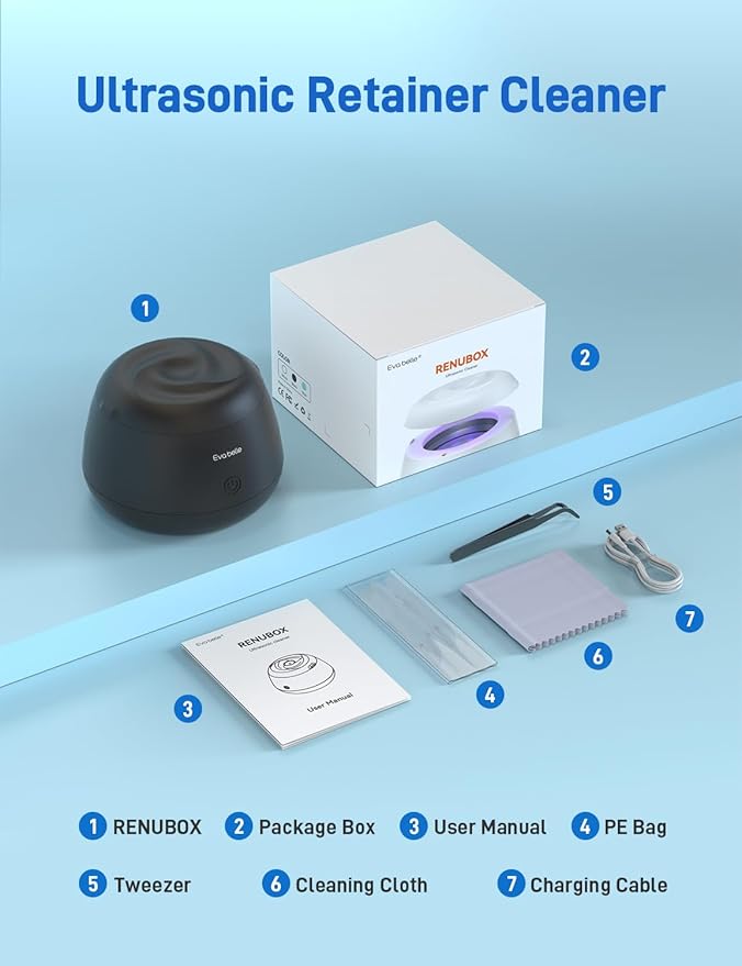 Ultrasonic Retainer Cleaner, EVA BELLE Denture Retainer Cleaner Machine, Tooth Cleaner for Oral Dental Care, Portable Rechargeable Dental Cleaning Pod for Night Guards, Braces, Aligner, Jewelry