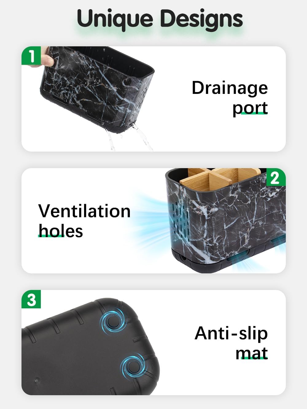 Marble Toothbrush Holders, 5 Slots Bamboo Toothbrush and Toothpaste Holder for Bathroom Counter with Drainage, Kids Electric Toothbrush Organizer, Black Toothbrush Holders for Bathrooms