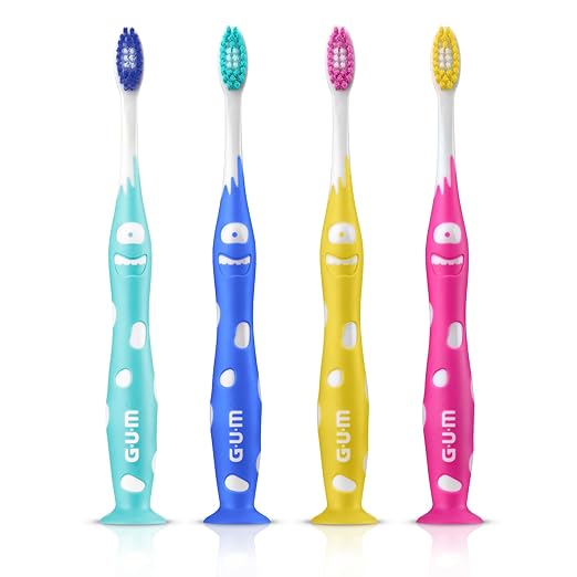 GUM Monsterz Jr Kids’ Toothbrush, Soft Bristled Children’s Toothbrush with Suction Cup, for Ages 5+, 2 Count(Pack of 6)