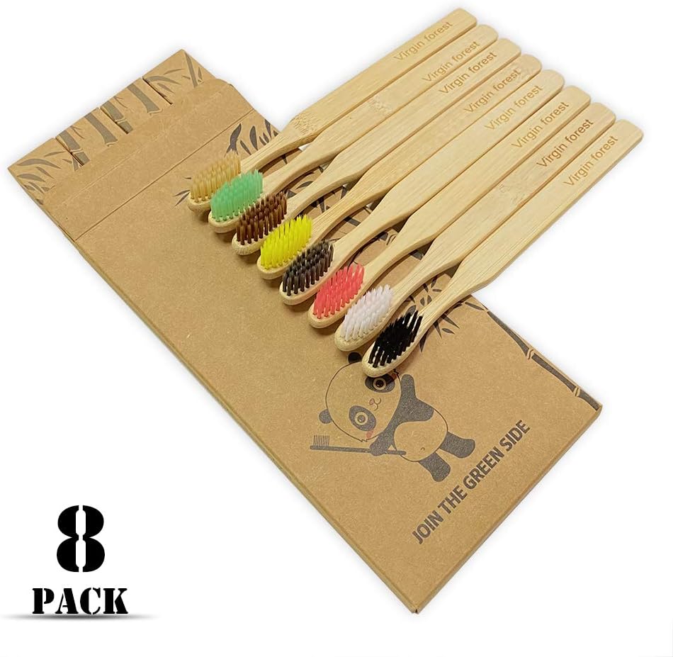 Virgin Forest 8 Pcs Bamboo Toothbrush, BPA-Free Soft Toothbrushes, Natural Eco-Friendly Biodegradable Best Travel Wood Toothbrush Set, for Sensitive Gums