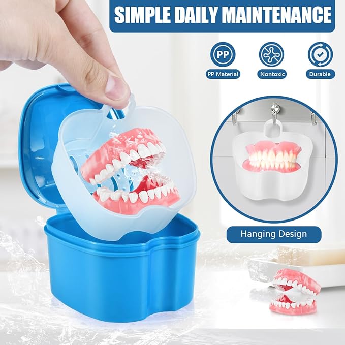 2 Pack Colors Denture Bath Case Cup Box Holder Storage Soak Container with Strainer Basket for Travel Cleaning (Light Blue and Purple)