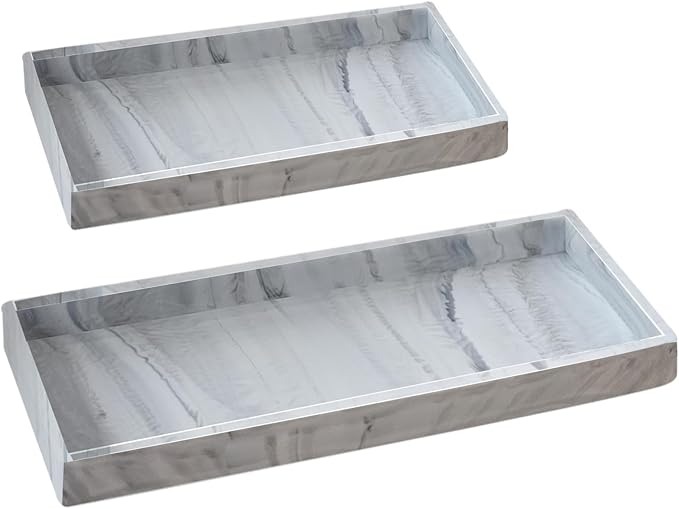 2PCS(7.87” L and 11.8” L) Silicone Soap Dispenser Tray, Kitchen soap Caddy countertop, Toilet, Tray for Scrubber, Lotion Bottles, Perfume, Jewelry, Candle, Key Trinket Ring-White Marble