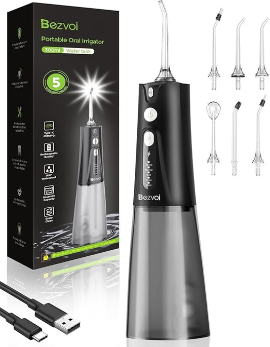 Water Flosser Teeth Pick: 5 Modes Cordless Water Dental Floss 300ML Portable Rechargeable IPX7 Waterproof Electric Water Flossing Cleaning Picks with 6 Jet Tips Oral Irrigator Cleaner, Black