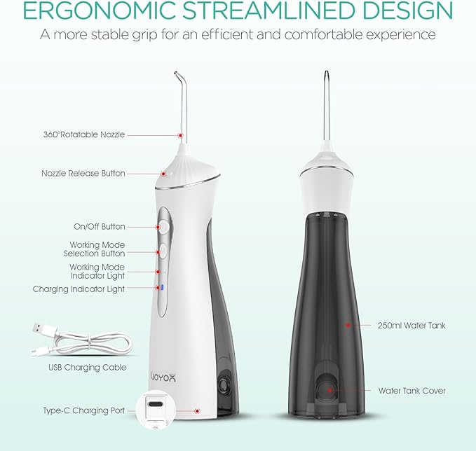 VOYOR-HEALTH Water Dental Flosser for Teeth Cordless, Rechargeable Electric Flosser for Teeth Cleaning and Flossing, Portable Oral Irrigator 3 Modes & IPX7 Waterproof for Travel Home WF400 (Grey)