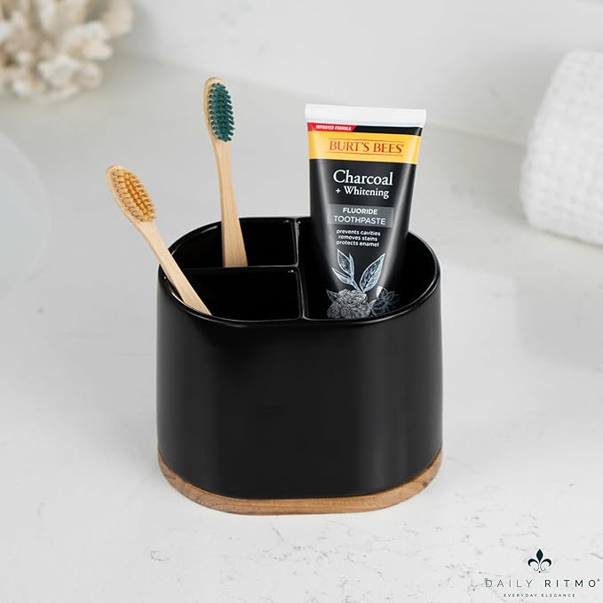 DAILY RITMO® Large Black Toothbrush Holder for Bathrooms with Bamboo Base | Modern 3 Slots Compartment White Ceramic Marble Like Toothpaste Cup for Electric and Kids Tooth Brushes