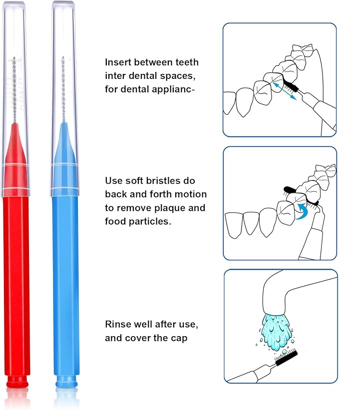 Patelai 100 Pieces Braces Brush for Cleaner Interdental Brush Toothpick Dental Tooth Flossing Head Oral Dental Hygiene Flosser Toothpick Cleaners Tooth Cleaning Tool (Blue, Red,Suitable Size)