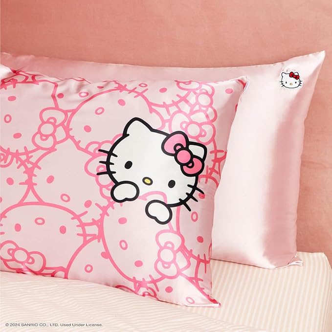 Kitsch x Hello Kitty (Pink Kitty Faces) - Satin Pillowcase with Zipper for Hair and Skin, Softer Than Silk, Smooth Cooling Pillow Covers, Machine Washable, King Size (19x36)