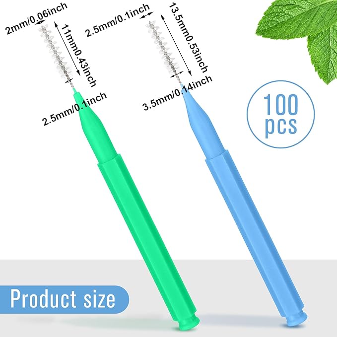 Patelai 100 Pieces Braces Brush for Cleaner Interdental Brush Toothpick Dental Tooth Flossing Head Oral Dental Hygiene Flosser Toothpick Cleaners Tooth Cleaning Tool (Blue, Green,Elegant Size)