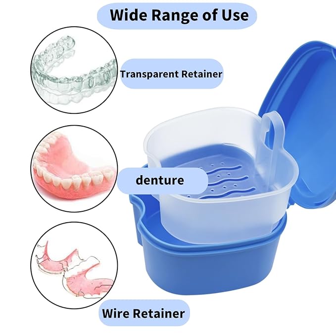 2pcs Denture Bath Retainer Case, Dentaure Cups for Soaking Dentures with Strainer Basket Tray,Compact and Pportable Design, Suitable for Traveling (White+Light Blue)