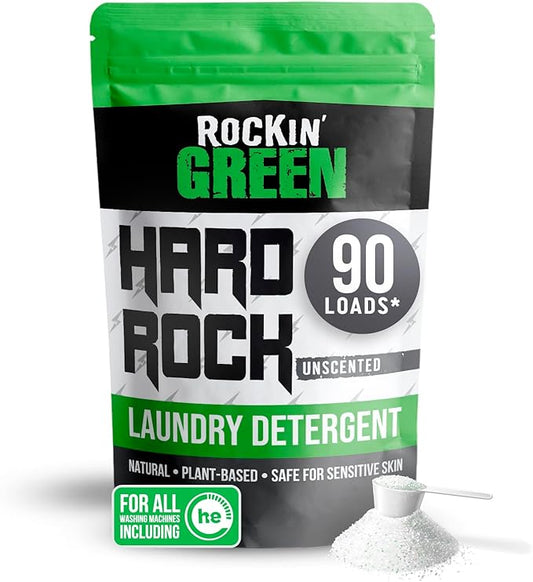 Rockin' Green Hard Rock Laundry Detergent for Hard Water (90 Loads), Plant based, Natural Laundry Detergent Powder, Biodegradable Odor Fighter, Safe for Sensitive Skin, 45 oz (Unscented)