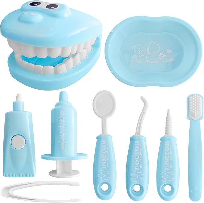 9-Piece Dental Pretend Play Set, Educational Dentist Play Kit with Teeth Model, Toothbrush, Dental Mirror, Syringe, Toothpaste, Tray, and Dental Tools, Fun Pretend Play Doctor Kit for Kids (Blue)