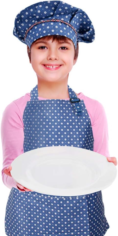 Kids Apron and Chef Hat Set, Adjustable Cotton Child Aprons with 2 Pockets Cute Girls Boys Kitchen Bib Aprons for Cooking Baking Painting