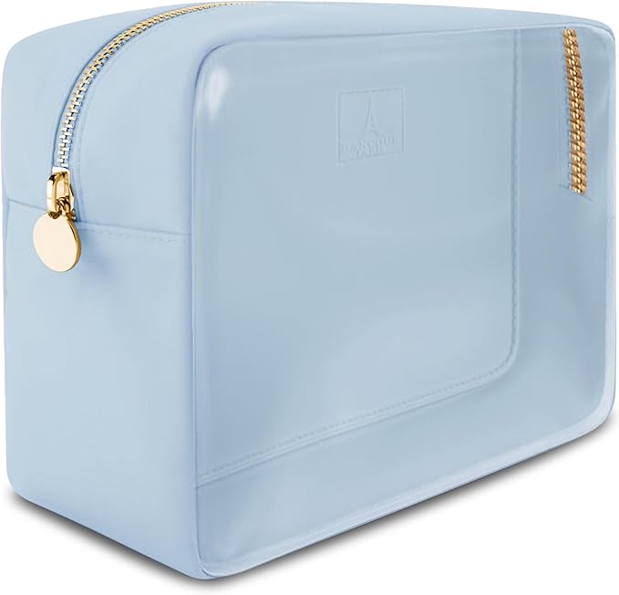 Large Clear Makeup Bag TSA-Approved Travel Cosmetic Pouch Spacious Transparent Toiletry Bag for Women and Girls Waterproof Clear Organizer Case Light Blue