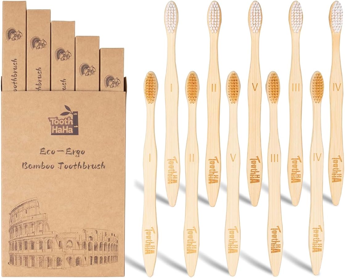 Bamboo Toothbrushes for Adults, BPA-Free Soft Tapered Bristles, Eco-Friendly Natural Organic Wooden Toothbrush, 10-Count Toothbrushes Travel Set