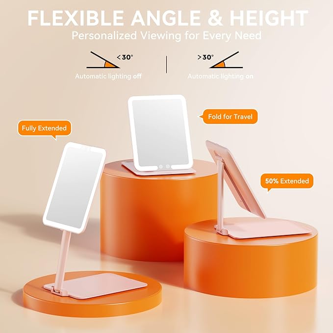 Auxmir Travel Makeup Mirror with 3 Dimmable Color Lights, Portable Foldable LED Lighted Travel Makeup Mirror, Rechargeable Compact Vanity Mirror with Light, Adjustable Height and Angle for Desk, Pink