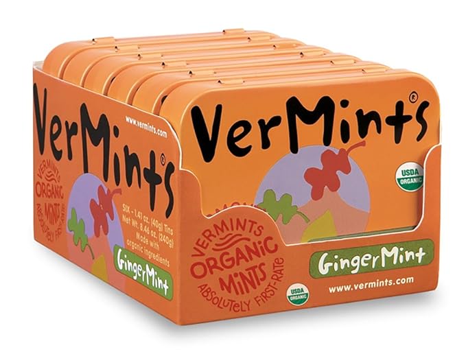 VerMints Organic Breath Mints GingerMint - Real Ginger Flavored Candies - Travel Size Tin - Non-GMO, Nut Free, Gluten Free, Vegan, Kosher Organic Candy Mints - 1.41oz Tins (Pack of 6)