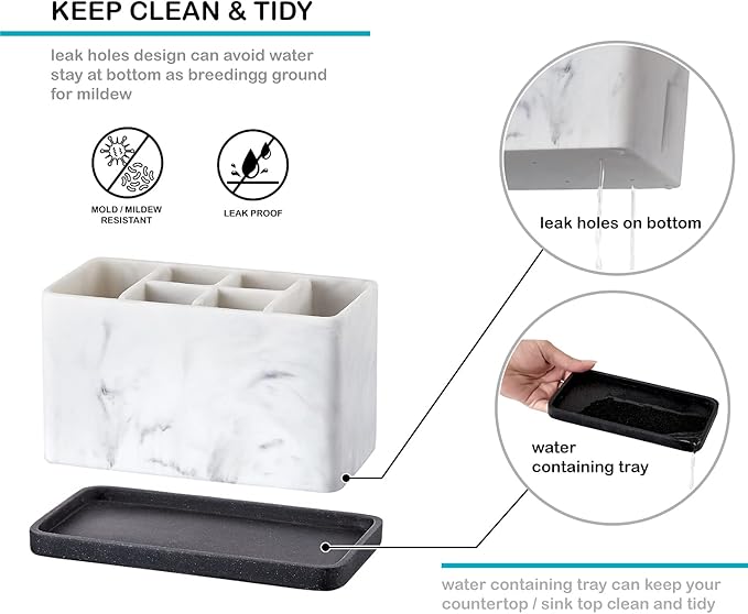 ZCCZ Marble Look Toothbrush Holder for Bathroom Countertop Organizer, Holds Toothpaste, Dental Floss, Razor, Comb, Makeup Brushes, and More, Stylish Bathroom Accessory for Tooth Brushing Essentials