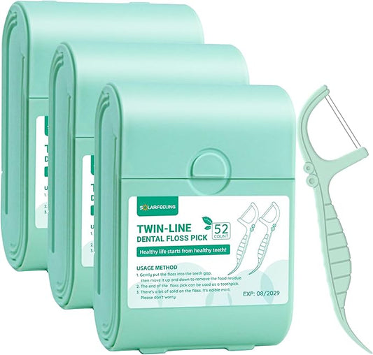 Travel Dental Floss Picks, 3 Cases with 156 Count Mint Flavor Twin-Line Dental Flosser, Portable Floss Case, Portable Floss Dispenser, Travel Floss Sticks for Adults (Green)