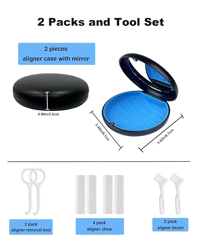2 Pack Retainer Case with Mirror Kits, Aligner Case Compatible with Invisalign, Slim Night Guard Cases with Aligner Removal Tool, Brush and Chew, Black