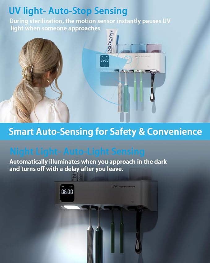 Toothbrush Holders Wall Mounted for Bathrooms, Toothbrush Holder - Smart Home & Bathroom Decor Tooth Brush Holders with 3 Cups, Features a Clock and auto Motion-Activated Night Light