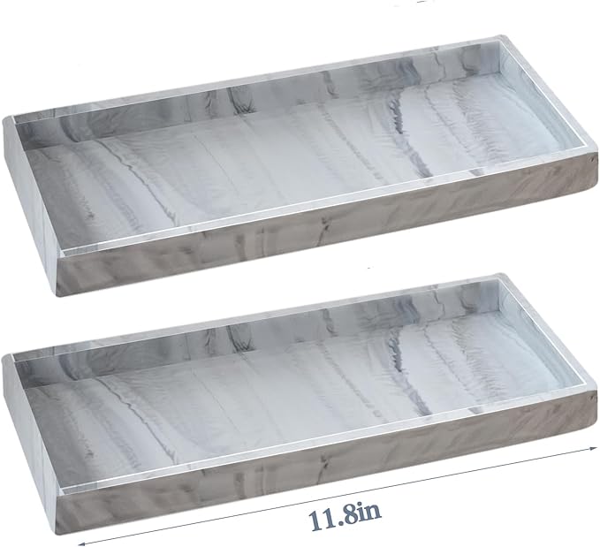 2PCS 11.8” L x 5” W Silicone Soap Dispenser Tray, Bathroom Sink Vanity Trays for Dresser Tops, Toilet, Small Tray for Scrubber, Lotion Bottles, Perfume, Jewelry, Candle, Key Trinket Ring-White Marble