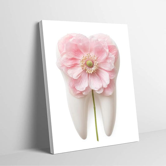 SchindlerBang Dental Implant Watercolor Print,Pink Flower Tooth Illustration,Vibrant Canvas Art,Modern Clinic Decor,16x20inch Framed Painting Ready to Hang