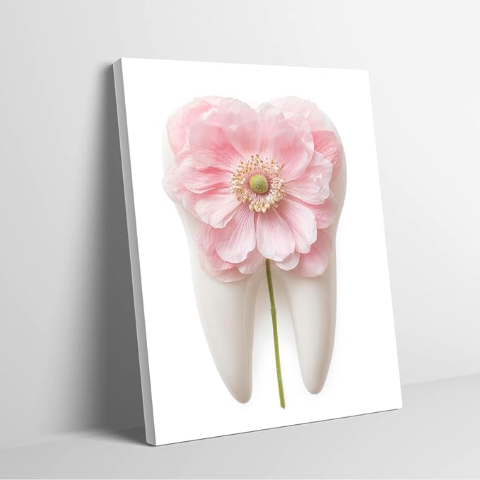 SchindlerBang Surgeon Clinic Wall Decor,Pink Anemone Dental Art,Vibrant Floral Tooth Canvas,Medical Office Aesthetic,12x16inch Framed Print Ready to Hang