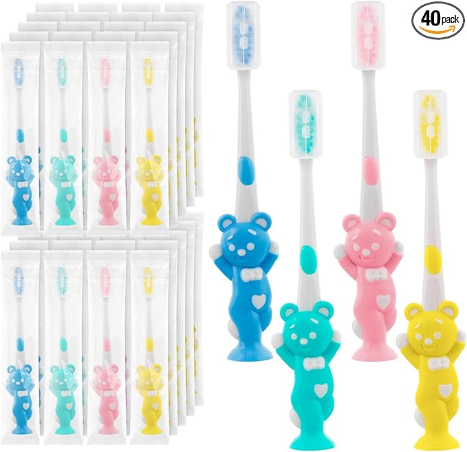 Toothbrushes for Kids In Bulk, Individually Wrapped Disposable Toothbrush Cute Manual Soft Bristles Children Toothbrush With Cover Suction Cup Toddler Toiletries Set for Home/School/Travel (40 Pack)