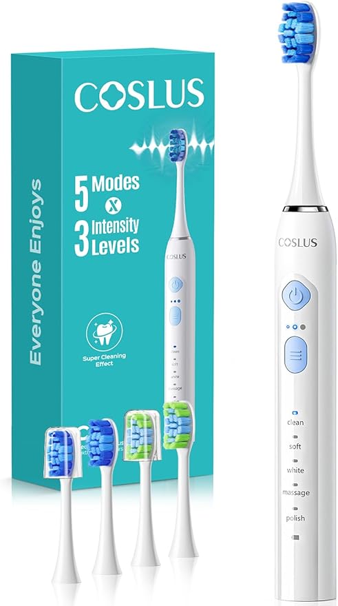 COSLUS Sonic Electric Toothbrush for Adults & Kids: 3 Intensities 5 Modes Gum-Friendly for Deep Cleaning & Whitening - 2 Types of Heads for Family, Sensitive Teeth, Braces, Travel & Home Use, White