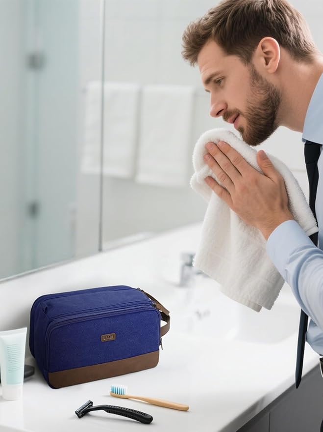 WANDF Toiletry Bag for Men Travel Toiletry Organizer Canvas and Leather Dopp Kit Water-Resistant Shaving Bag for Travel Accessories (Blue, Medium)