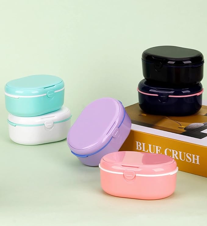 MURRI&MURRDI Retainer Case, Denture Bath Box with Strainer Basket, Mouth Guard Case Purple Braces Cleaner Cup, Cute Denture Holder Retainer Storage Soak Container for Travel (D Purple)