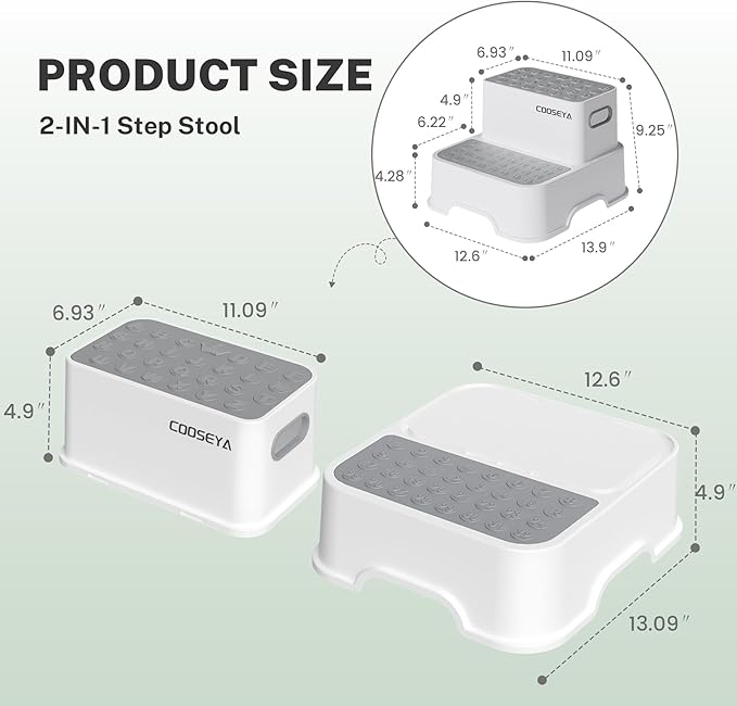 COOSEYA 2 Step Stools for Kids,Toddler Step Stool for Bathroom Sink,No-Slip Double up Stepping for Toddlers Bathroom, Multifunctional Toilet Potty Stool for Kids,Toilet Potty Training(2 Packs)