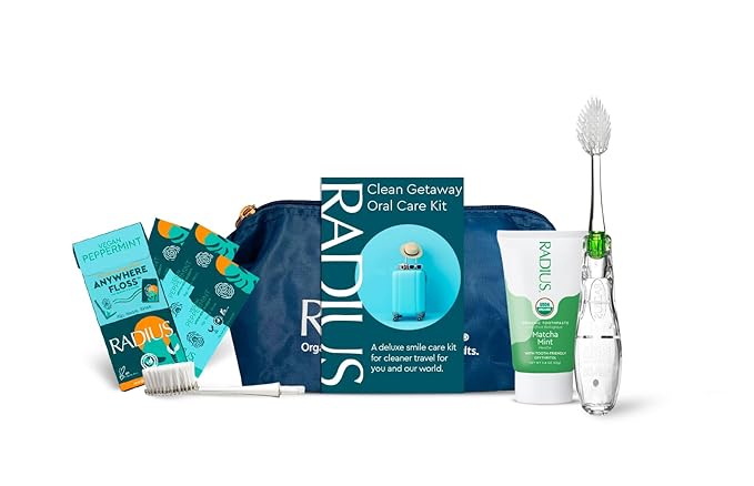 RADIUS Clean Getaway Deluxe Oral Care Gift Set (Tour Toothbrush With Replacement Head, Organic Matcha Mint Toothpaste, 0.8oz, Biodegradable Silk Travel Floss, Blue Travel Bag), 1 Count