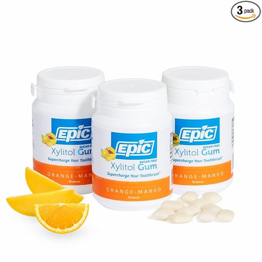 Epic 100% Xylitol Orange Mango Chewing Gum - Sugar Free, Aspartame Free Dental Gum - Supports Oral Health & Fresh Breath - 50 Pieces (Pack of 3)
