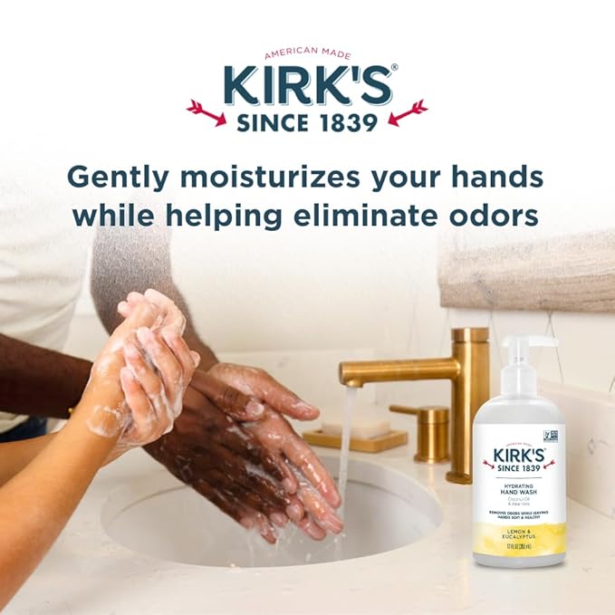 Kirk's Hydrating Hand Wash - Made with Coconut Oil and Aloe Vera, With Odor Neutralizing Technology To Help Eliminate Odors, Non-GMO, Vegan, Lemon & Eucalyptus, 12 Fl Oz. 4 pack