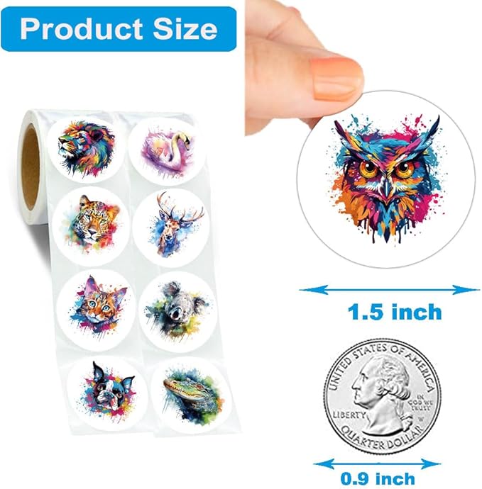 600 Pcs Watercolor Animals Stickers for Kids Teachers 1.5 Inch 16 Styles Round Watercolor Animals Stickers for Kids Birthday Party School Reward Giveaways